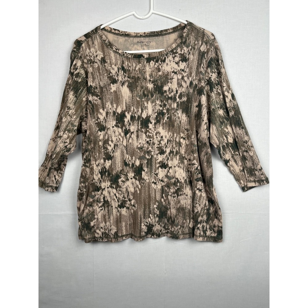 Relativity Womens 2X Top Brown Green Abstract Knit 3/4 Sleeve Crew Neck Shirt